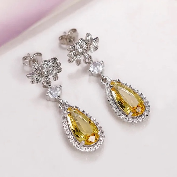 🪷Pear Cut Yellow Topaz &Cz Diamond Silver Lotus Flower post back Drop Earrings - Picture 2 of 6